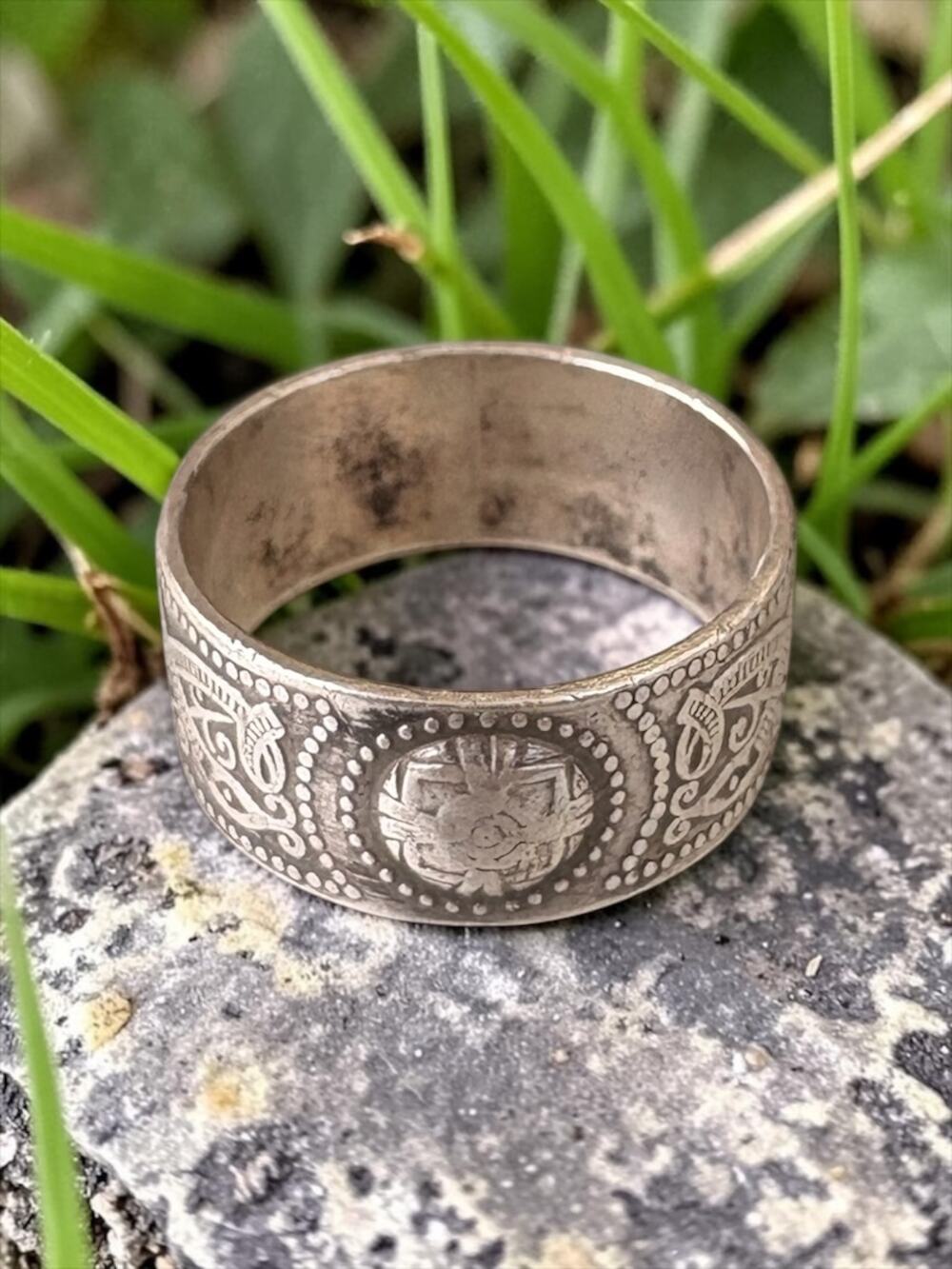 Vintage Sterling Silver Wide Band Ring Engraved Scrollwork Statement Ring Sunbur